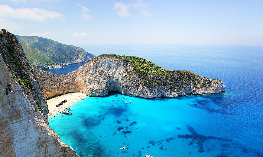 Aerial View of Navagio Beach with Shipwreck and Turquoise Water