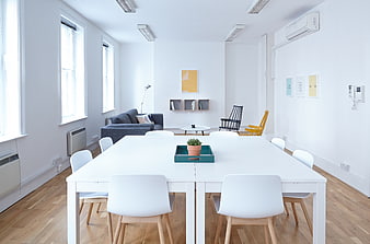 Modern minimalist white office interior with large table