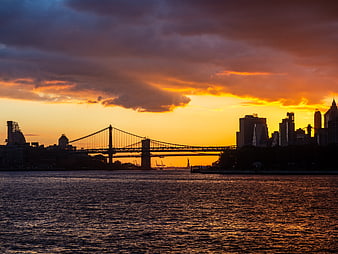 Dramatic Sunset Over Manhattan Bridge and New York City Skyline