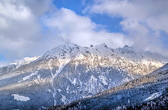 Snow-Covered Mountain Peaks with Clouds and Forest