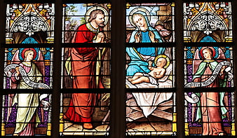 Holy Family Stained Glass Window with Angels