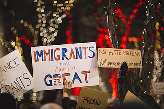 Protest signs supporting immigrants at night rally with bokeh lights