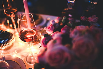 Romantic Rose Wine Glass with Pink Flowers and Fairy Lights