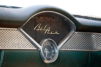Vintage Bel Air Car Dashboard Emblem and Clock Detail