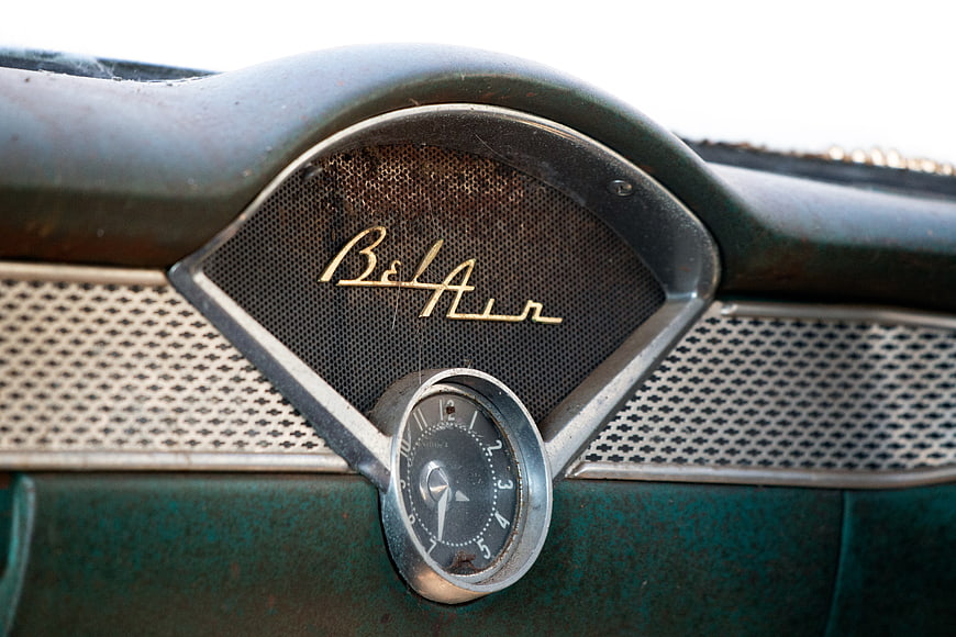 Vintage Bel Air Car Dashboard Emblem and Clock Detail