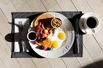 Overhead View of Gourmet Breakfast Platter with Coffee
