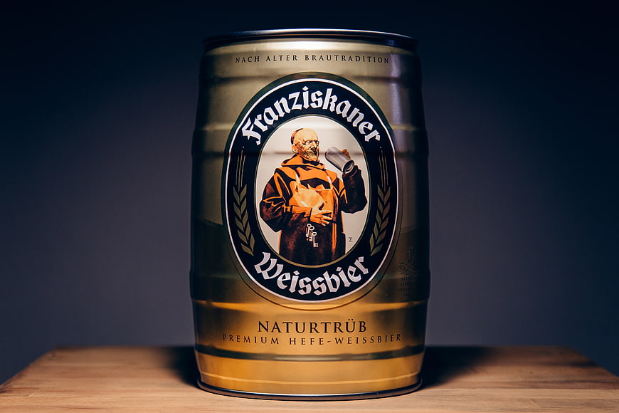 Franziskaner Weissbeer Mini Keg on Wooden Table