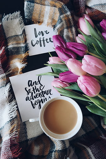 Flat lay of coffee, pink tulips, and handwritten quotes on plaid blanket