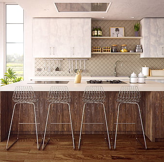 Modern Kitchen Island with Four Wire Bar Stools
