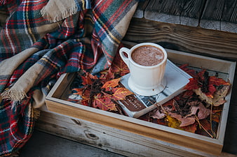 Cozy Autumn Still Life with Coffee, Book, and Plaid Blanket