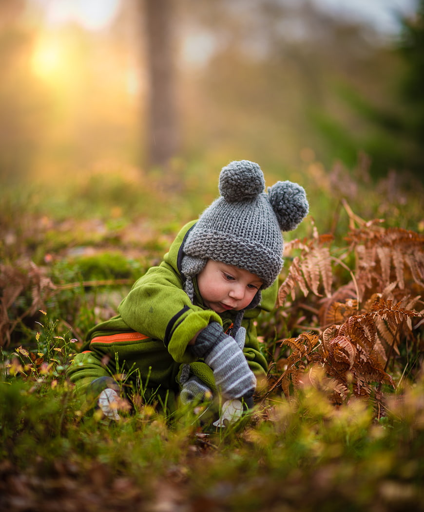 Toddler in Knit Hat Playing in Autumn Forest