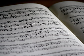 Close-up of printed sheet music with musical notes