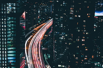 Night City Highway Traffic Light Trails