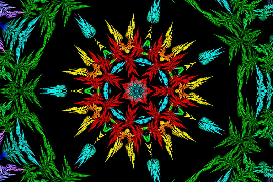Vibrant multicolor kaleidoscope fractal pattern on black background