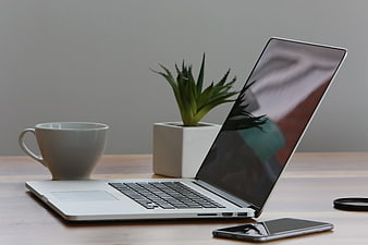 Modern Workspace with Laptop, Coffee, and Plant
