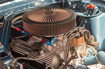 Close-up of Classic Ford Racing Engine with Chrome Air Filter