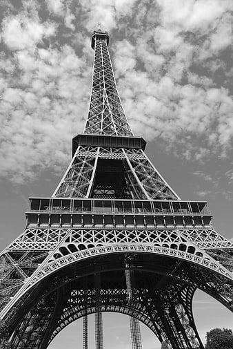Black and white low angle view of the Eiffel Tower