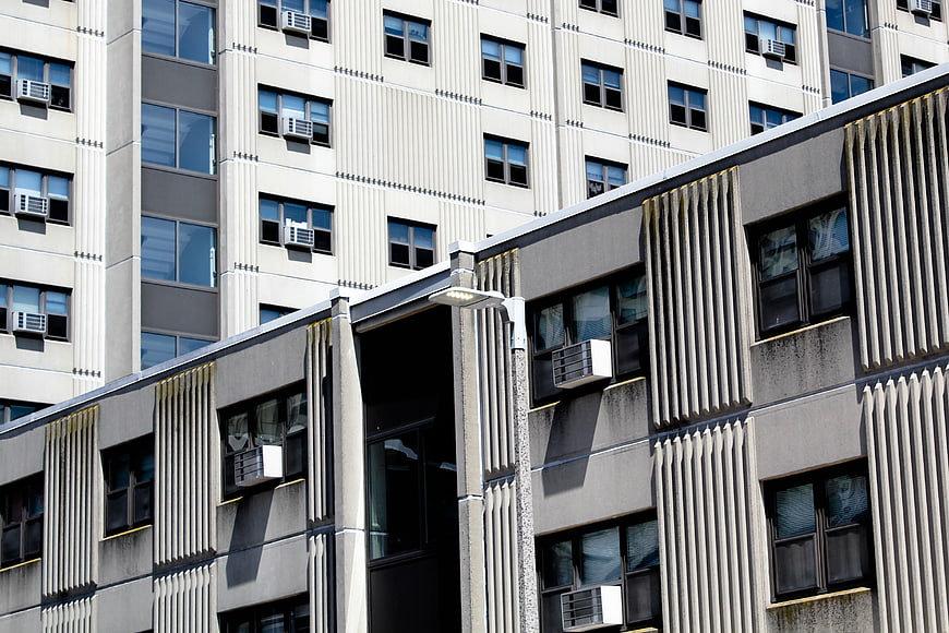 Modern urban architecture with concrete textures and geometric patterns