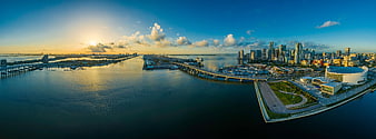 Panoramic Aerial View of Miami Skyline and Biscayne Bay at Sunset
