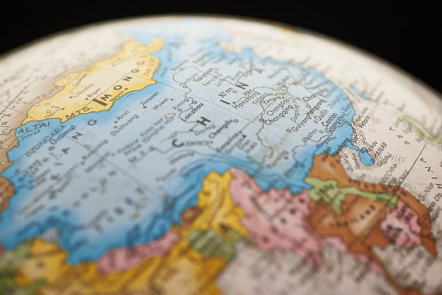 Close-up of a globe focusing on China and East Asia