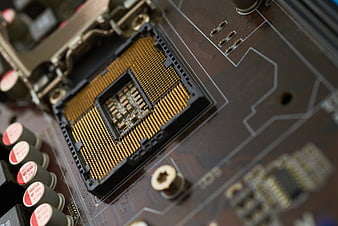 Close-up of empty CPU socket on computer motherboard