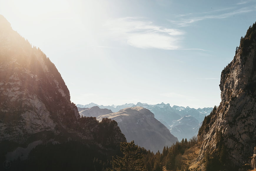 Sunlit Mountain Valley with Distant Peaks and Pine Forest