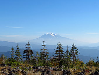 Snow-Capped Mountain Peak Overlooking Pine Forest Ridge