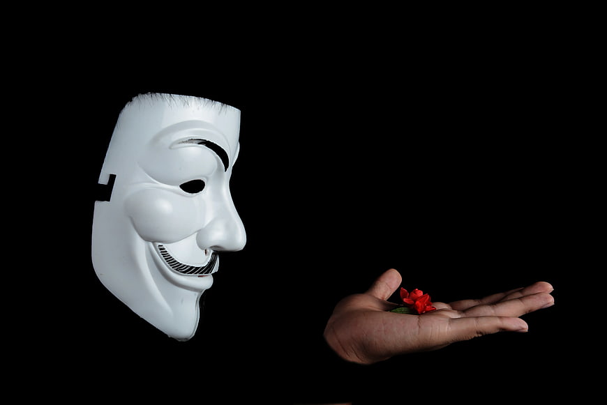 Guy Fawkes Mask and Red Flower in Hand on Black