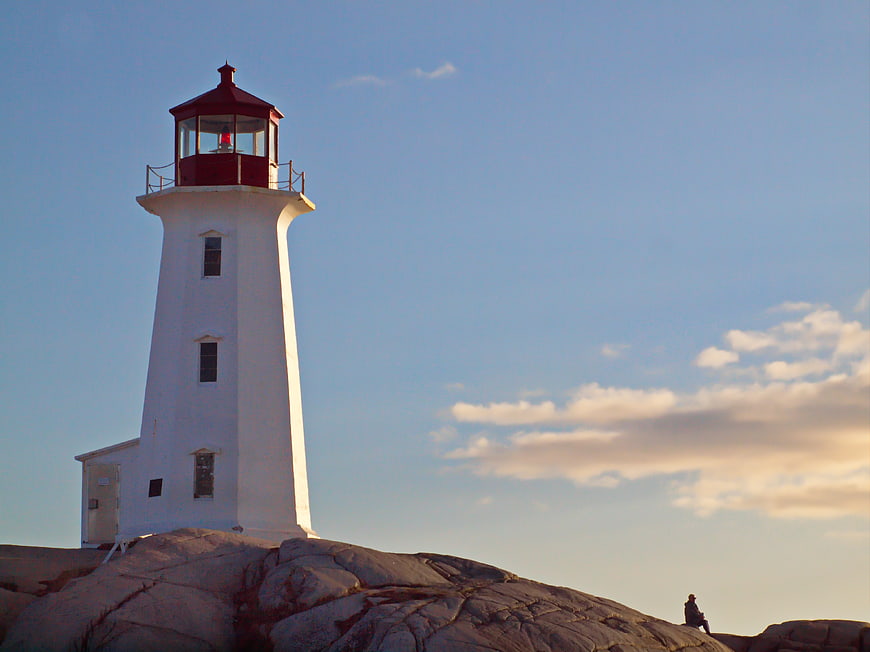 White Lighthouse on Rocky Coast with Blue Sky and Clouds