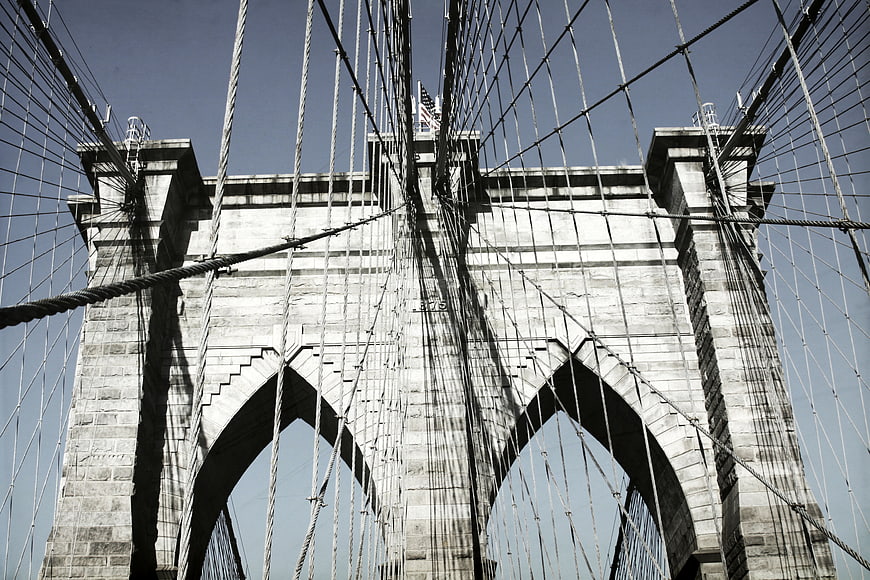 Low Angle View of Brooklyn Bridge Towers and Cables