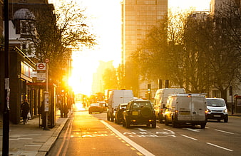London Street Traffic at Golden Hour Sunset