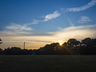 Sunset over a grassy field with tree silhouettes and clouds