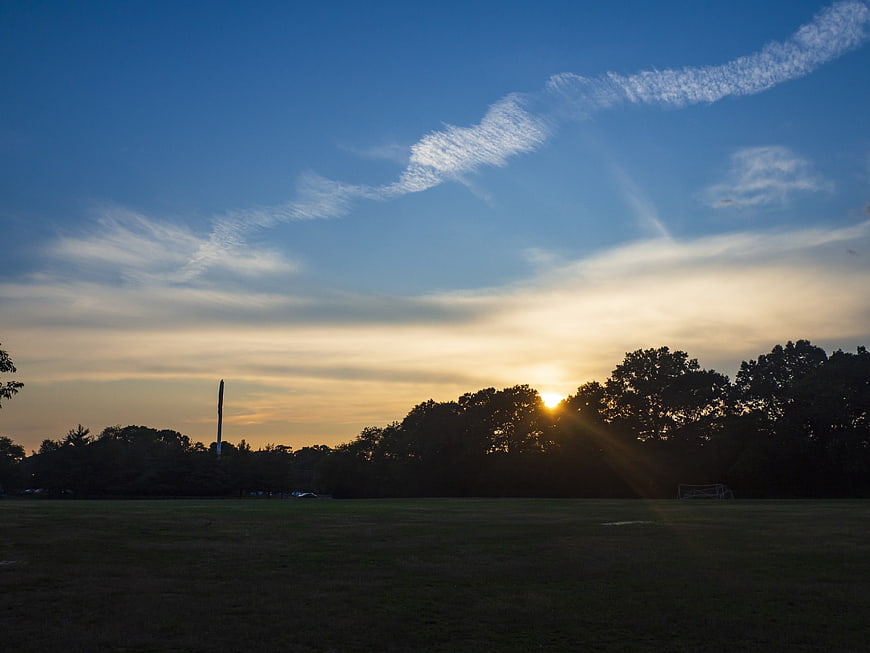 Sunset over a grassy field with tree silhouettes and clouds