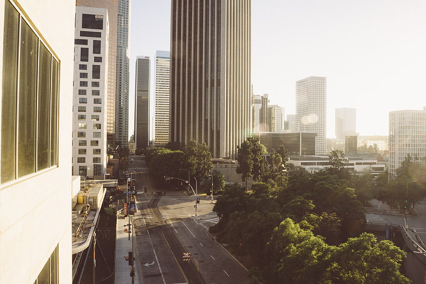 Sunlit Downtown Cityscape with Skyscrapers and Trees