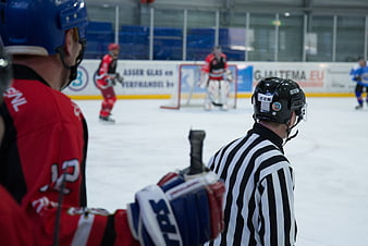 Ice hockey referee and player on rink