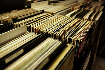 Vintage vinyl record collection in a dimly lit shop