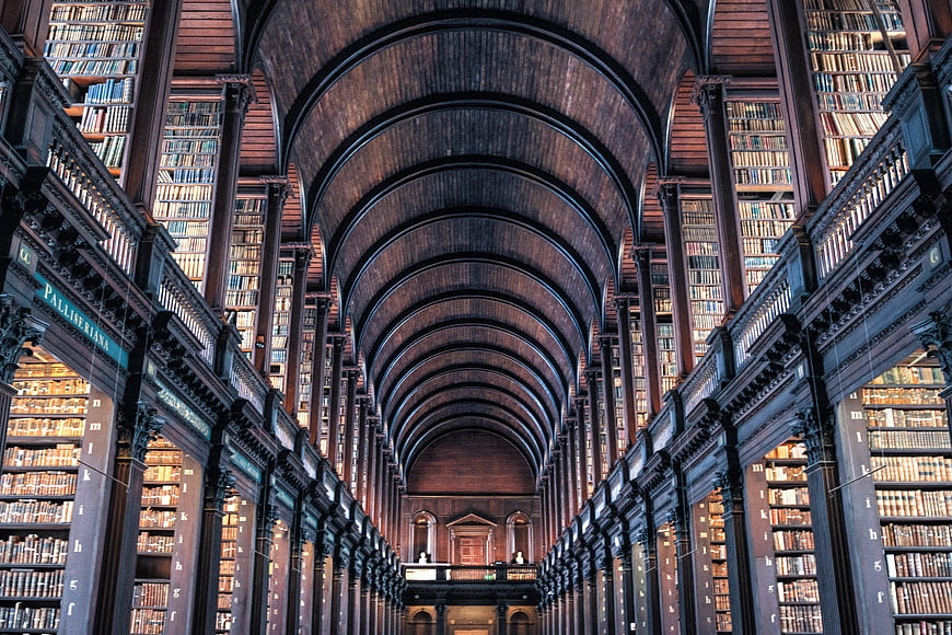 Grand Arched Library Hall with Tall Bookshelves