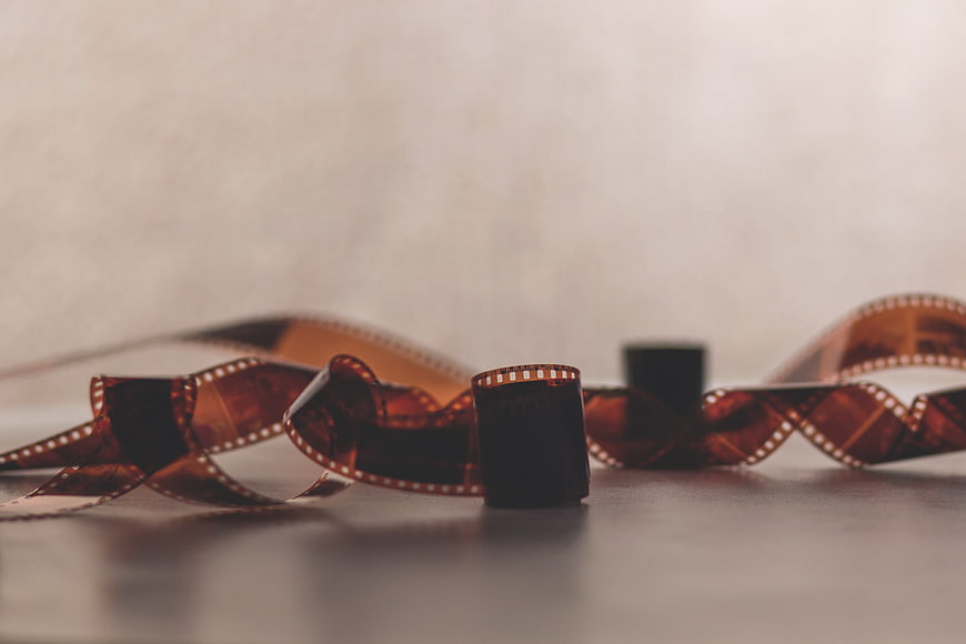 Vintage film strip with shallow depth of field on table