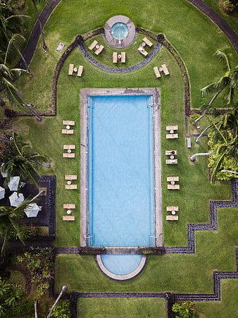 Aerial View of Luxury Resort Pool with Palm Trees