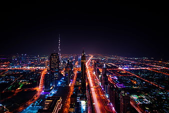 Dubai Night Skyline with Burj Khalifa and Light Trails