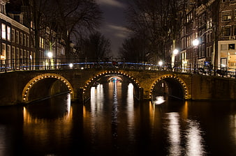 Amsterdam canal bridge at night with warm lights and reflections