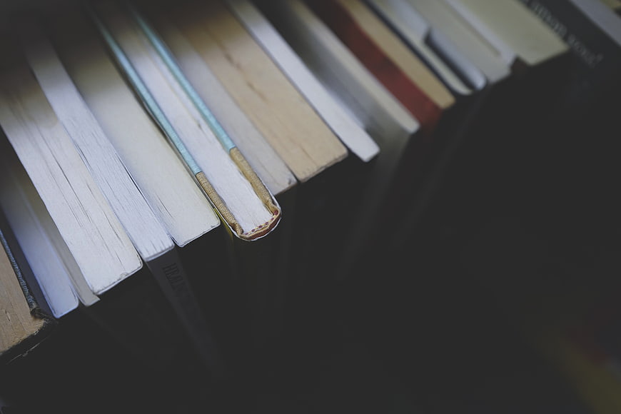 Close-up of book spines on a shelf with dark background