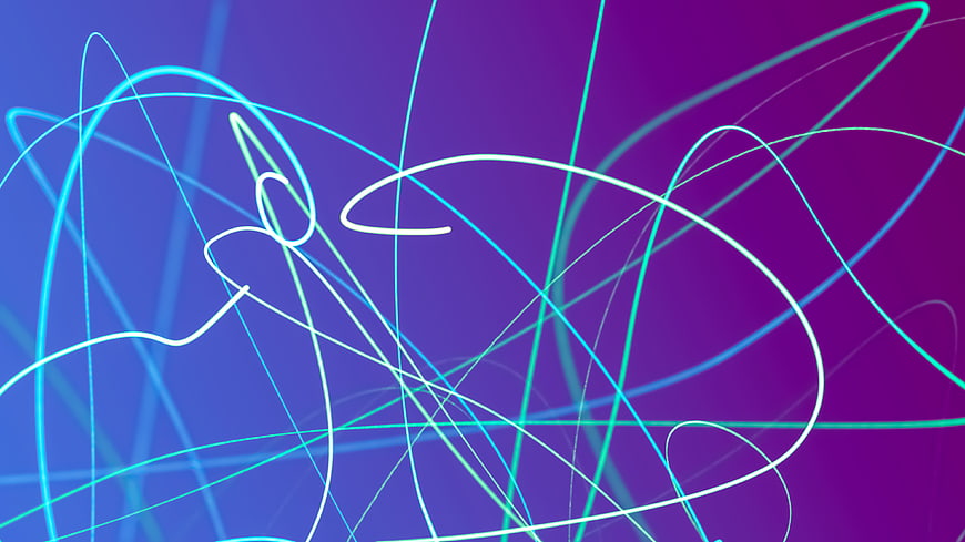 Abstract neon light trails on purple gradient background