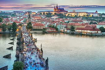 Aerial View of Charles Bridge and Prague Castle at Sunset
