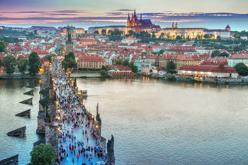 Aerial View of Charles Bridge and Prague Castle at Sunset