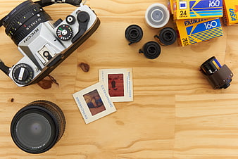 Vintage Film Photography Equipment Flat Lay on Wooden Table