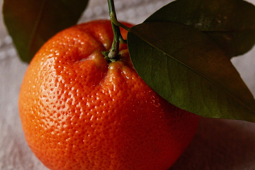 Close-up of fresh orange mandarin with green leaves