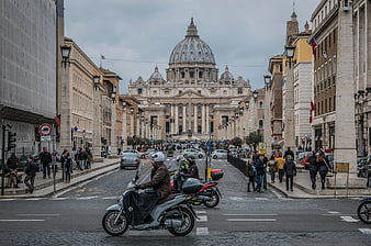 St. Peter's Basilica View from Via della Conciliazione with Scooters