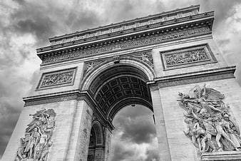 Dramatic Black and White Low Angle View of Arc de Triomphe