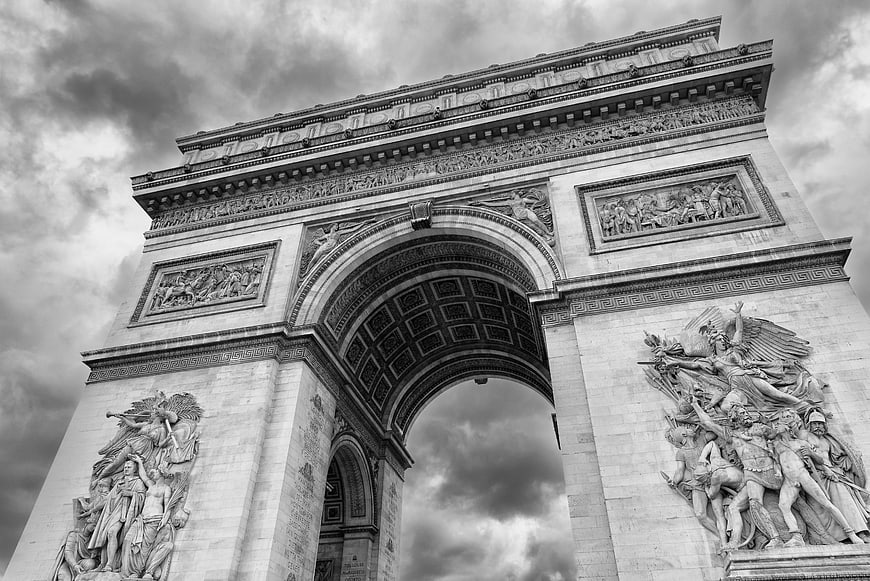 Dramatic Black and White Low Angle View of Arc de Triomphe